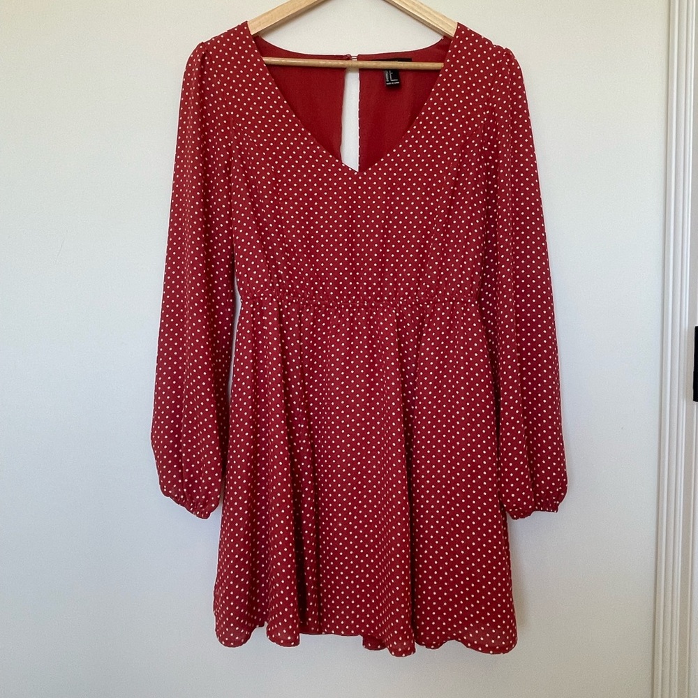 Red Polka Dot Long-Sleeve V-Neck Mini Dress - Picture 3 of 3